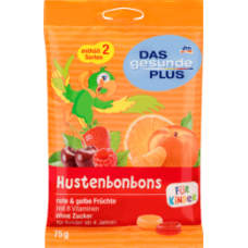 DAS gesunde PLUS Hustenbonbons für Kinder rote & gelbe Früchte zuckerfrei, 75 g-детские конфеты от кашля